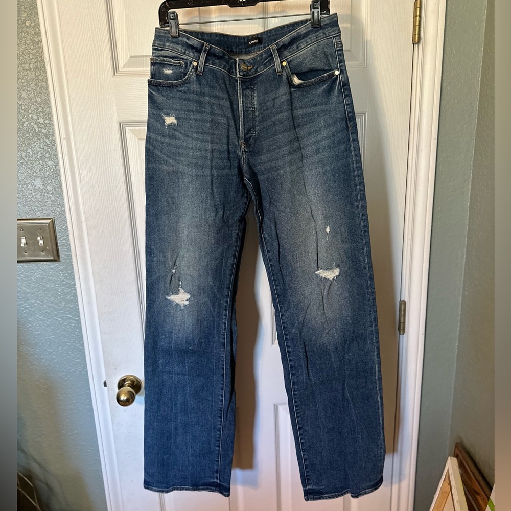 Express Distressed Blue Straight Leg Jeans